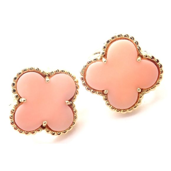 Van Cleef & Arpels Vintage Alhambra 18k Yellow Gold Angel Skin Coral Earrings - Picture 2 of 12